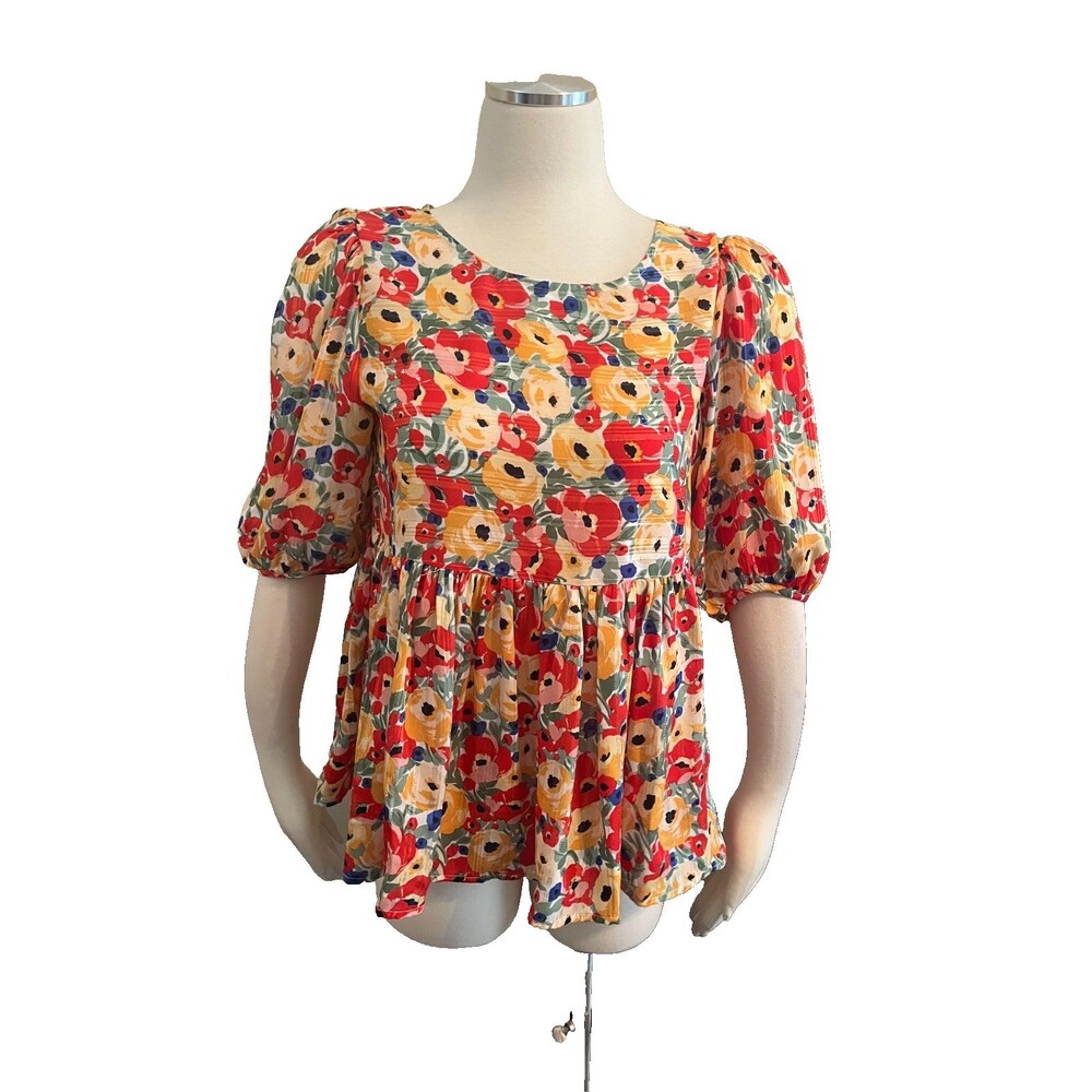 Umgee Small Poppy Blouse Multicolor Floral Career Preppy